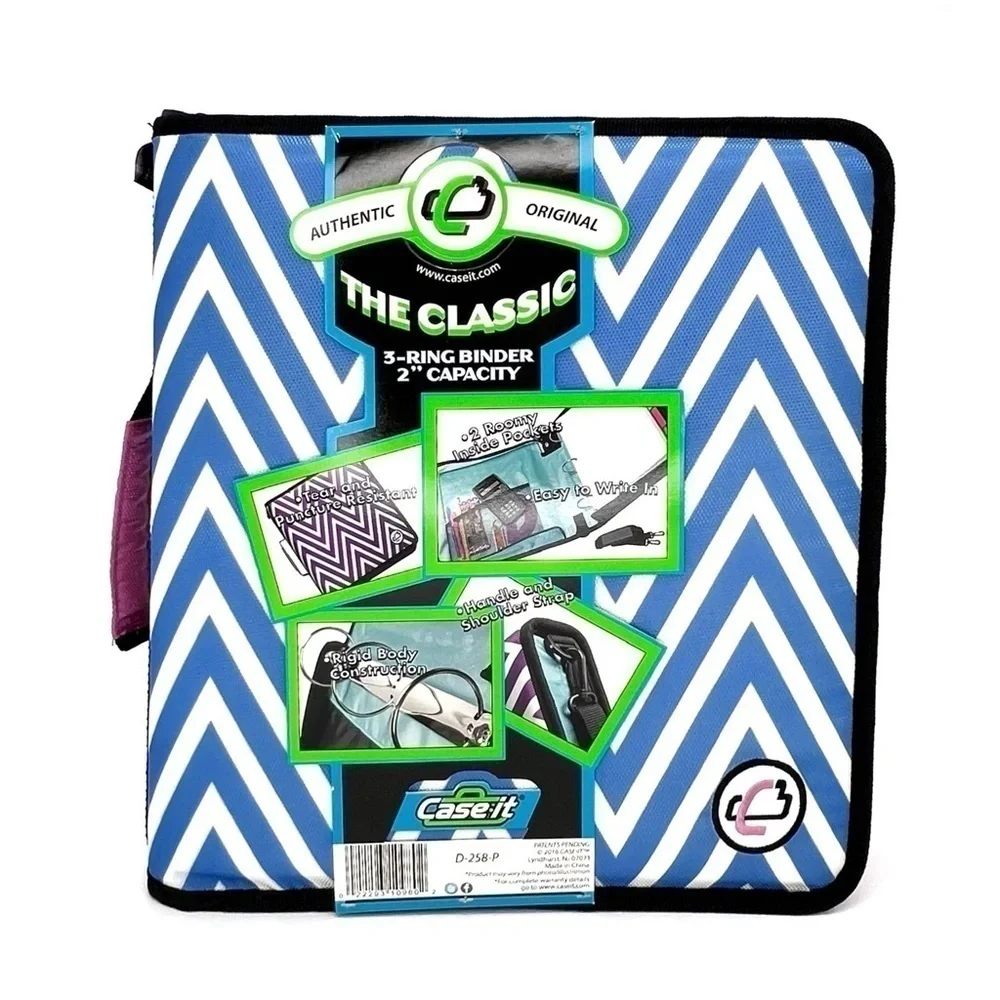 Case-It “The Classic” 2” Three Ring Binder Blue & White Chevron Pink 3 New NWT